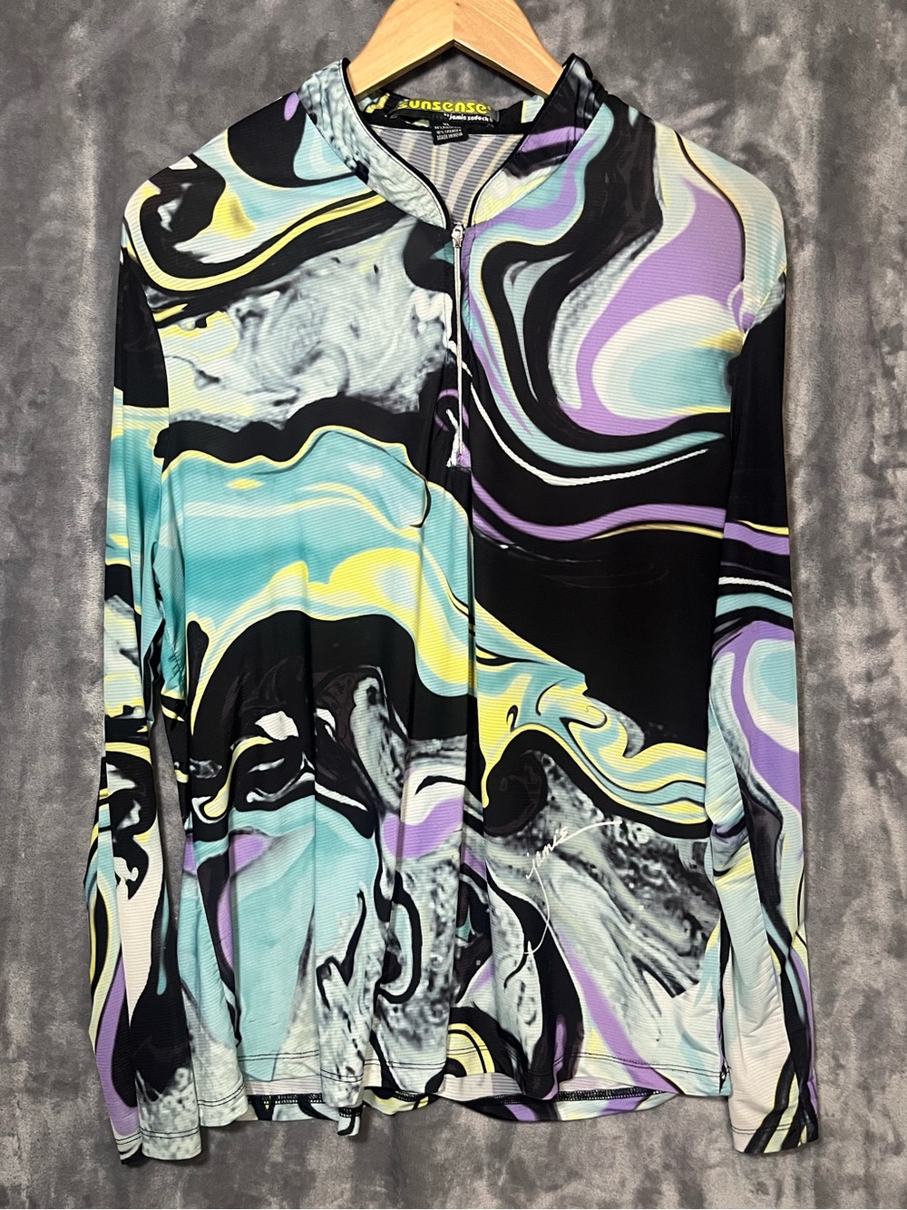 jamie sadock Black Multicolor Swirl Zip-Front Long Sleeve Top